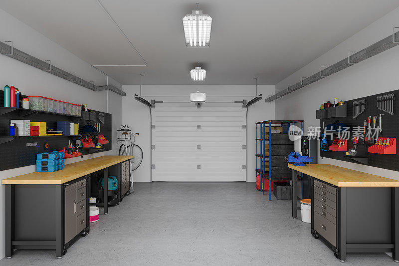 Modern Empty Garage Interior With Working Equipments And Tools